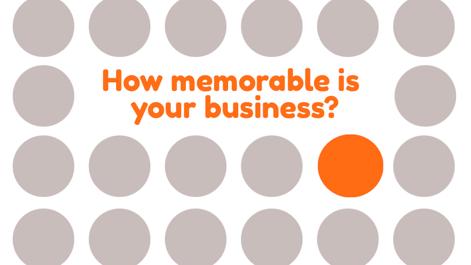 Visual concept showing one bright orange circle standing out among grey circles — symbolising how a memorable brand stands out in a sea of sameness.